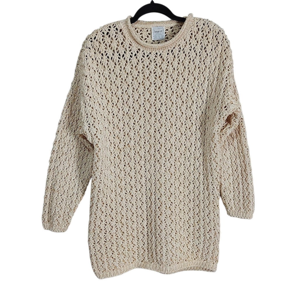 VTG Harot Crochet Fairycore Rollneck Gold Metallic Thread Open Knit Tunic Dress